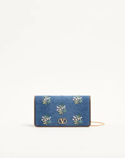 Valentino Garavani Vlogo Signature Mini Shoulder Bag In Denim With Floral Embroid In Blue