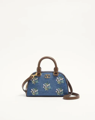 Valentino Garavani Vlogo Signature Mini Top-handle Bag In Denim With Floral Embro In Blue