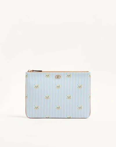 Valentino Garavani Vlogo Signature Pouch In Grainy Calfskin With Le Chat De La Ma In Blue