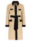 Valentino Wool Coat With Belted Waist And Contrast Trim In Neutral