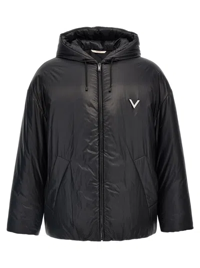 Valentino 'v Detail' Down Jacket With Hood And Quilted Design In Black