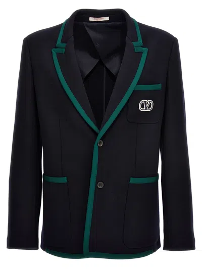 Valentino Single-breasted Jacket In Lana Stretch With Vlogo Signature Patch In Navy