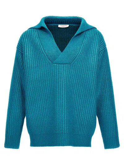 Valentino V-neck Ribbed Knit Sweater In Blue