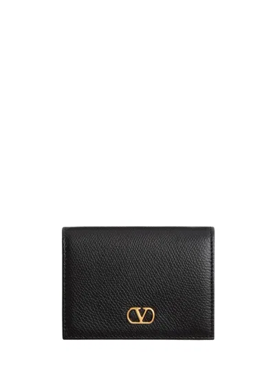 Valentino Garavani Valentino Vlogo Leather Wallet With Gold-tone Hardware In Black