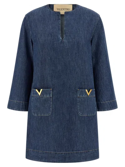Valentino Vlogo Signature Denim Dress Three Quarter Sleeves In Blue