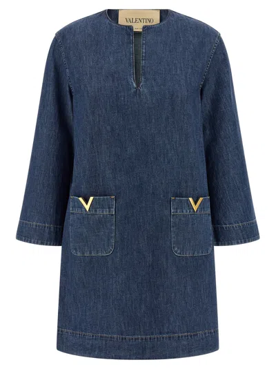Valentino Vlogo Signature Denim Dress Three Quarter Sleeves In Blue