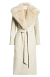 Valentino Garavani Virgin Wool Belted Coat With Faux Fur Collar In Cream Multi
