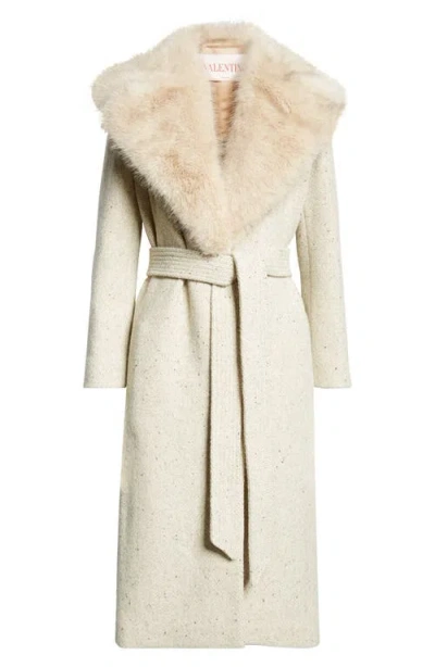 Valentino Garavani Virgin Wool Belted Coat With Faux Fur Collar In Cream Multi