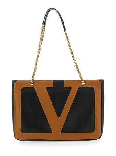 Valentino Garavani 'viva Superstar' Brown And Black Shoulder Bag With Vlogo On The Front In Leather  In Multicolor