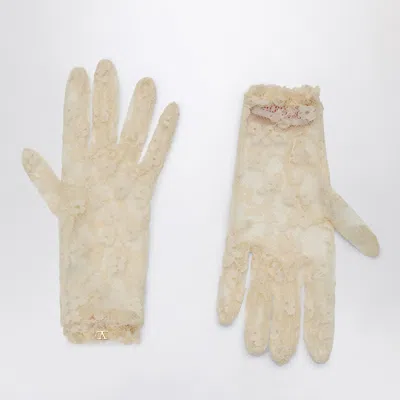 Valentino Garavani Vlogo Signature Butter Coloured Lace Gloves In Neutral
