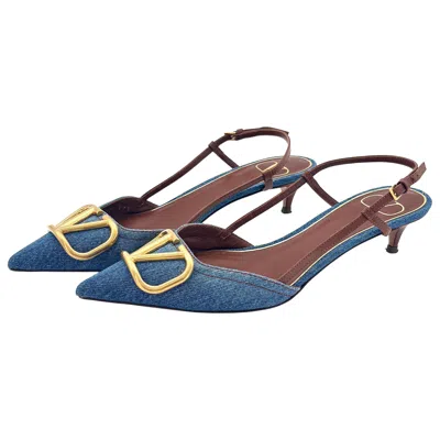 Pre-owned Valentino Garavani Vlogo Blue Denim Pointed Toe Slingback Kitten Heel Pumps 37.5