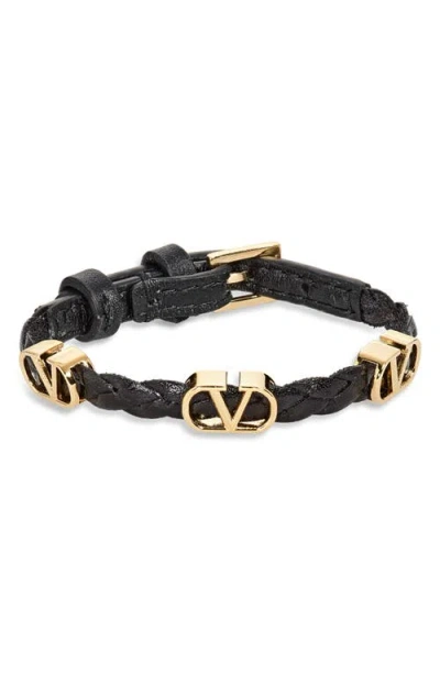 Valentino Garavani Vlogo Braided Leather Bracelet In Black