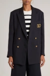 Valentino Virgin Wool Double Breasted Blazer With Metallic Monogram In Navy