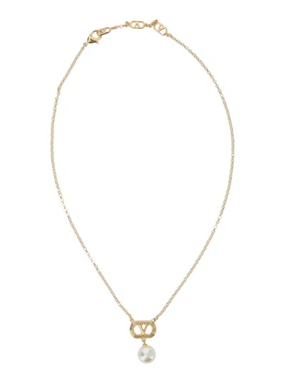 Valentino Garavani Vlogo Charm Chain Necklace With Metallic Pearl And Claw Clasp
