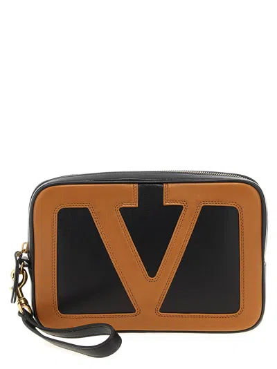 Valentino Garavani Vlogo Colorblock Nappa Leather Clutch In Tan