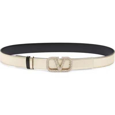 Valentino Garavani Vlogo Crystal Embellished Buckle Reversbile Leather Belt In U29 Platino/nero