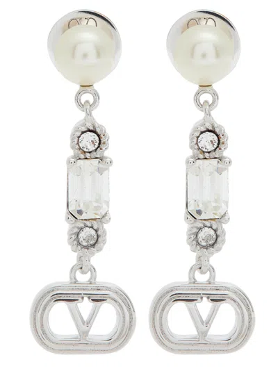 Valentino Garavani Vlogo Embellished Drop Earrings In Silver