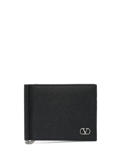 Valentino Garavani Vlogo Grained Leather Bi-fold Card Holder With Money Clip In Black