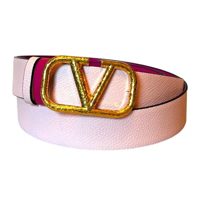 Pre-owned Valentino Garavani Vlogo Hammered Reversible Belt Size 85 Pink Grain Leather