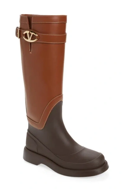 Valentino Garavani Two-tone Leather And Rubber Vlogo Bold Boots In Brown