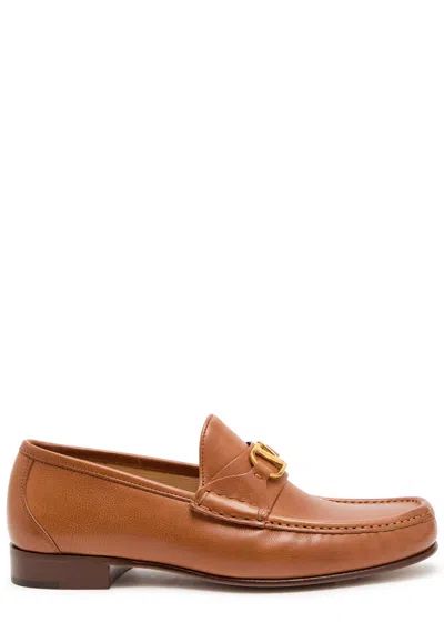 Valentino Garavani V-logo Embellished Full-grain Nubuck Loafers In Brown