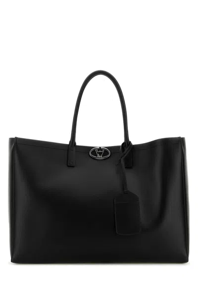 Valentino Garavani Vlogo Leather Shopping Handbag With Gunmetal Finishing In Black