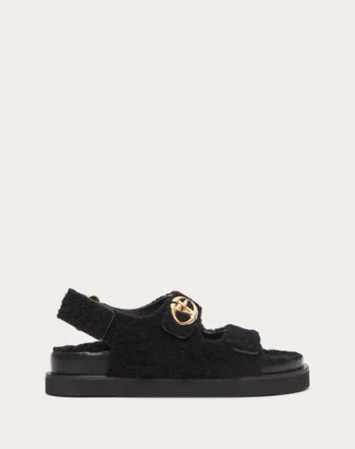 Valentino Garavani Vlogo Locker Shearling Sandal Woman Black 40 In Blue