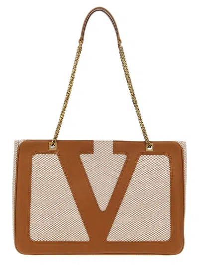 Valentino Garavani Vlogo Mesh Canvas Shoulder Bag In Tan