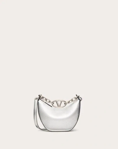 Valentino Garavani Vlogo Moon Mini Hobo Bag In Metallic Grainy Calfskin With Chain Woman Silver Uni