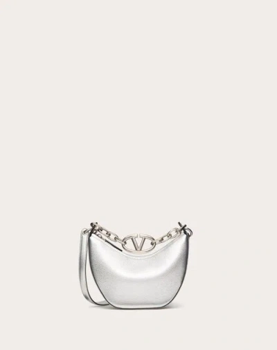 Valentino Garavani Vlogo Moon Mini Hobo Bag In Metallic Grainy Calfskin With Chain Woman Silver Uni In Black