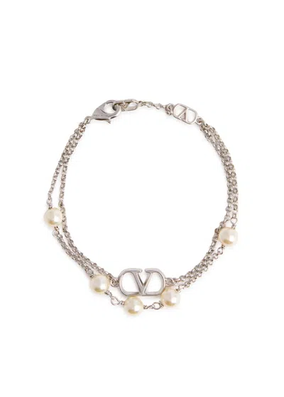 Valentino Garavani Vlogo Pearl-embellished Chain Bracelet In Silver