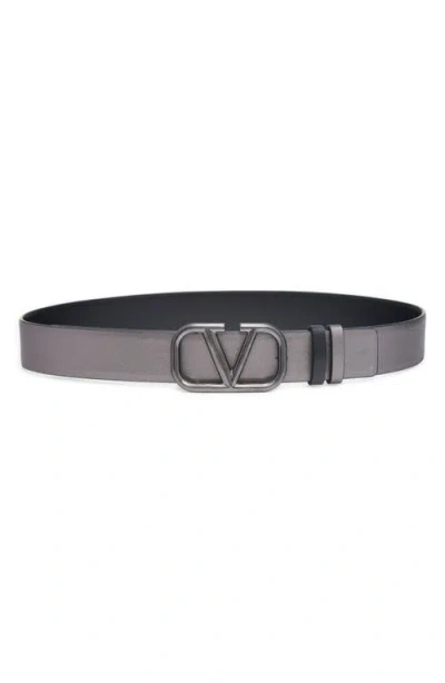 Valentino Garavani Vlogo Reversible Leather Belt In G93 Antracite-nero