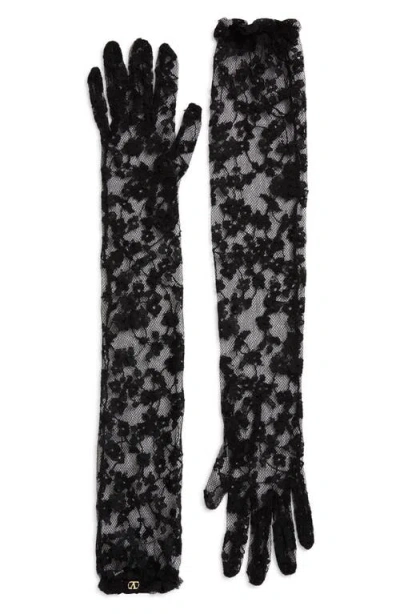Valentino Garavani Vlogo Sheer Floral Lace Gloves In Black