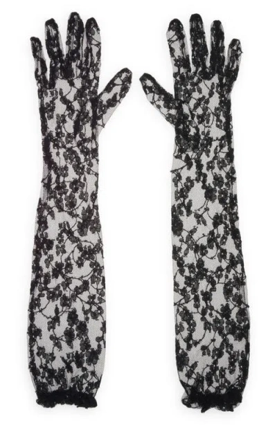 Valentino Garavani Vlogo Sheer Floral Lace Gloves In N06 Nero/oro