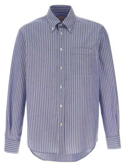 Valentino Logo Shirt With Vertical Stripes And Front Pocket In Blue