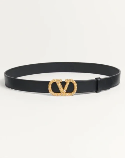 VALENTINO GARAVANI VALENTINO GARAVANI VLOGO SIGNATURE BELT IN SHINY CALFSKIN WITH CRYSTALS 30 MM WOMAN BLACK/CRYSTAL 09