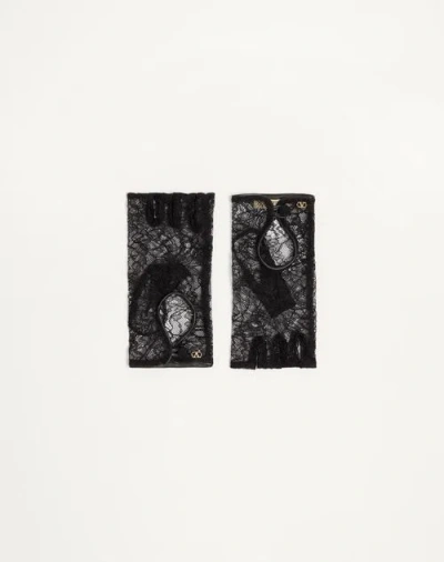Valentino Garavani Vlogo Signature Biker Gloves In Lace And Leather Woman Black/gold 6