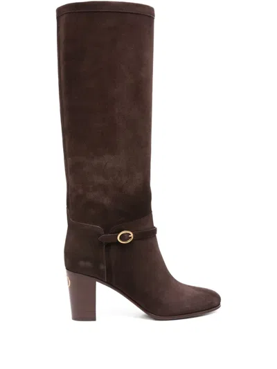 Valentino Garavani Vlogo Signature Block Heel Boots With Antique Brass Finish, 75mm In Brown