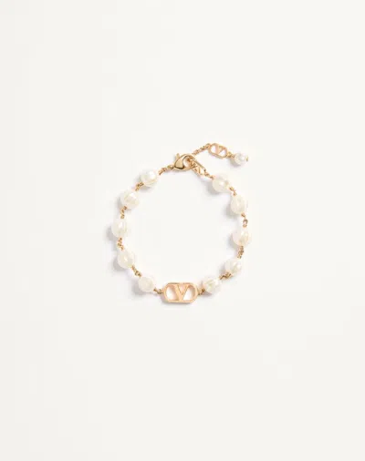 Valentino Garavani Vlogo Signature Bracelet In Metal With Glass Beads Woman Gold/cream S In Multi