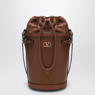 Valentino Garavani Valentino Logo-plaque Leather Drawstring Bucket Bag In Brown