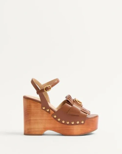 Valentino Garavani Vlogo Signature Calfskin Clog Sandal With Fringes 120mm Woman Tobacco 40.5