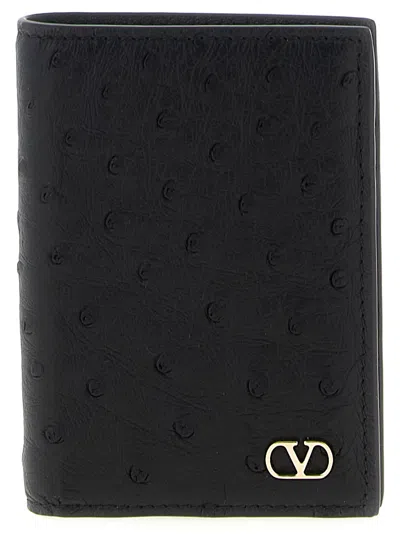 Valentino Garavani Ostrich Leather Cardholder With Vlogo Signature In Black