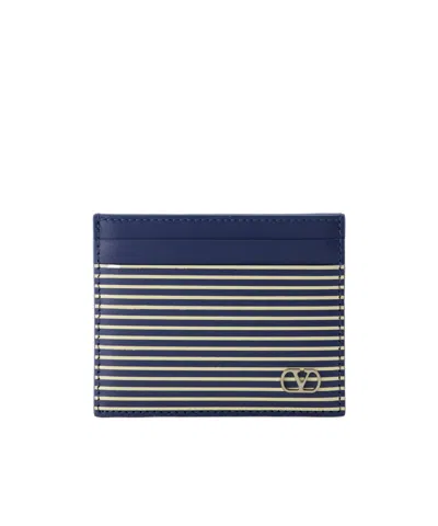 Valentino Garavani Vlogo Signature Cardholder In Grainy Calfskin With Striped Print In Blue