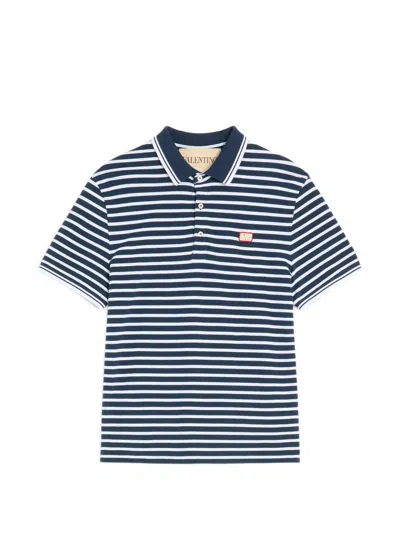 Valentino Garavani Vlogo Signature Cotton Polo Shirt With Half Button Placket And Ribbed Trim In Blu