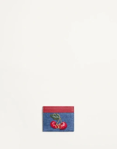 Valentino Garavani Vlogo Signature Denim Cardholder With Cherryfic Embroidery Woman Denim/multicolou
