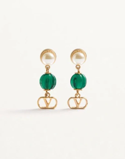 Valentino Garavani Vlogo Signature Earrings In Metal Pearl And Knurled Glass Woman Gold/green Uni In Multi