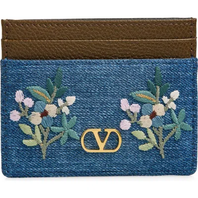Valentino Garavani Vlogo Signature Embroidered Denim & Leather Card Case In Multi