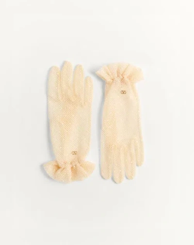 VALENTINO GARAVANI VALENTINO GARAVANI VLOGO SIGNATURE GLOVES IN COTTON AND TULLE WOMAN BIRCH/GOLD 6.5