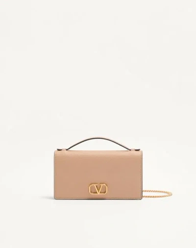 Valentino Garavani Vlogo Signature Grainy Calfskin Wallet With Chain Woman Rose Sand Uni In Pink
