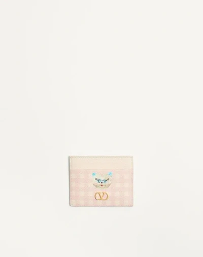 Valentino Garavani Vlogo Signature Le Chat De La Maison Cardholder In Grainy Calfskin Woman Pink/ivo In Multi